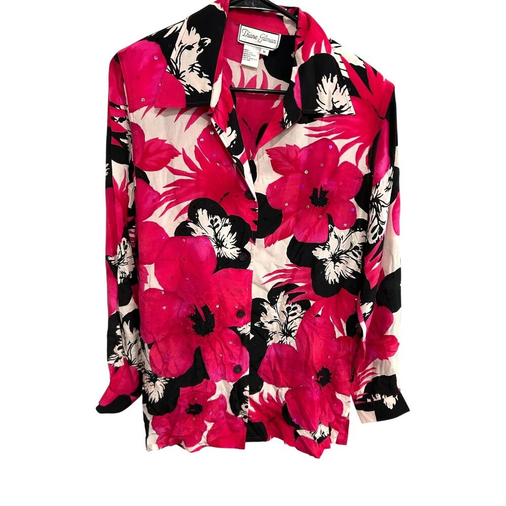 Diane Gilman Pink and Black Floral Button Up Blouse with Scarf SZ Medium